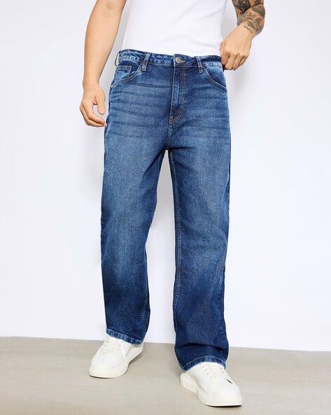 Men Solid Straight Fit High-Rise Mildly Distressed Mid-Wash Jeans