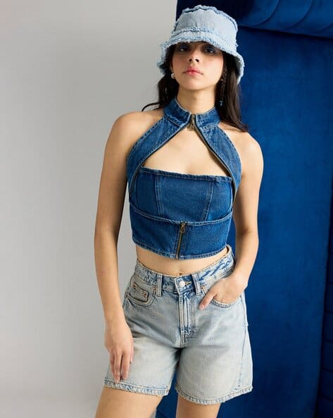 Women Halter Neck Sleeveless Denim Regular Crop Top
