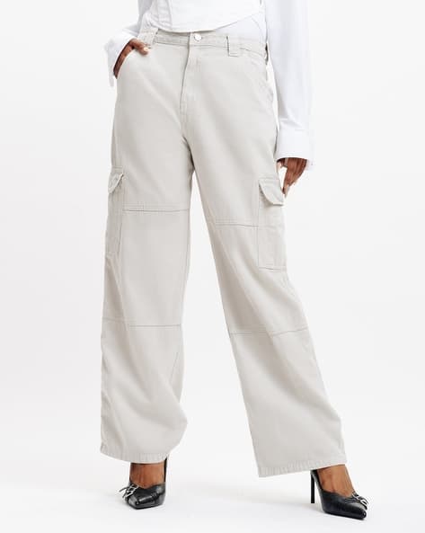 Women Solid Straight Fit High-Rise Denim Cargos