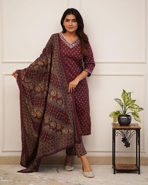 Women Floral Print Straight Kurta with Pants & Dupatta