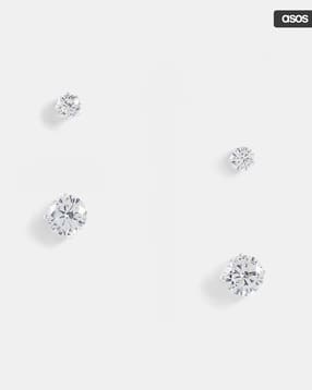 asos design Men Set of 2 Silver-Plated Crystal Stud Earrings-picture-11