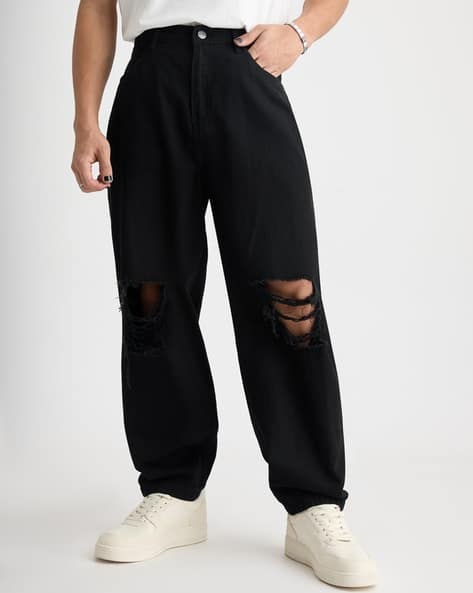 Men Solid Relaxed Fit High-Rise Mildly Distressed Jeans