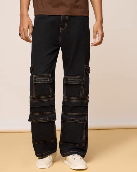 Men Relaxed Fit High-Rise Cargo Lightly Washed Jeans