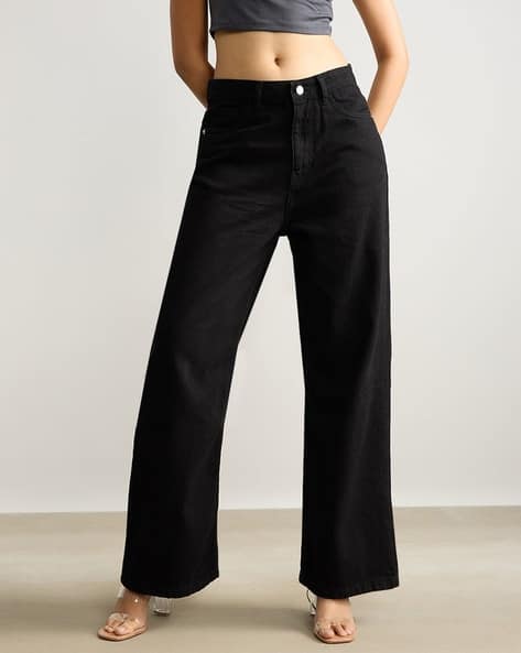 Women Wide Leg High-Rise Solid Low-Rise Clean Jeans
