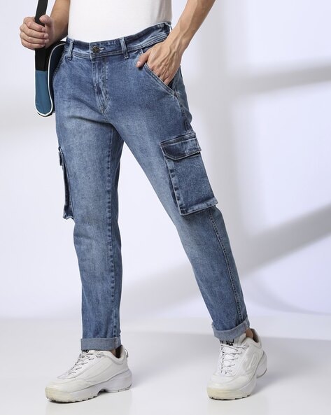 Men Lightly Washed Slim Fit Cargo Jeans