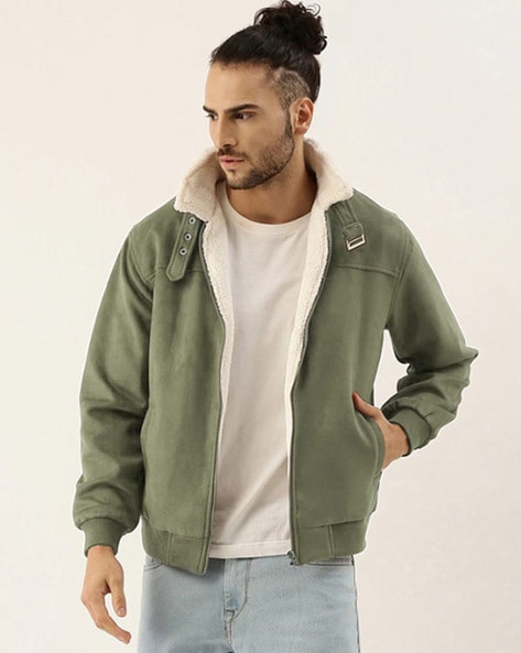 Men Regular Fit Zip-Front Bomber Jacket