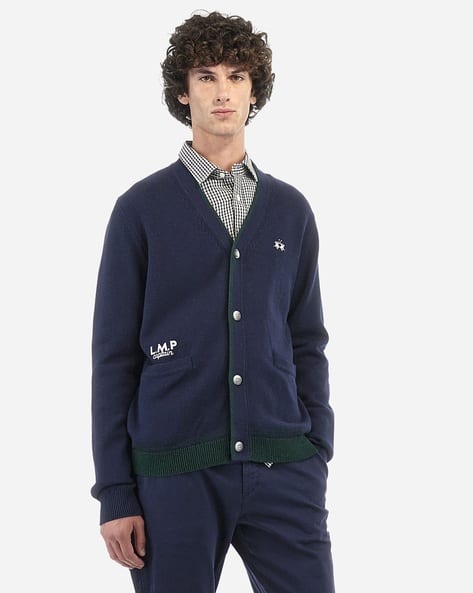 Men Brand Embroidered Regular Fit V-Neck Cardigan