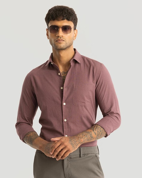 Men Slim Fit Shirt with Cuffed Sleeves