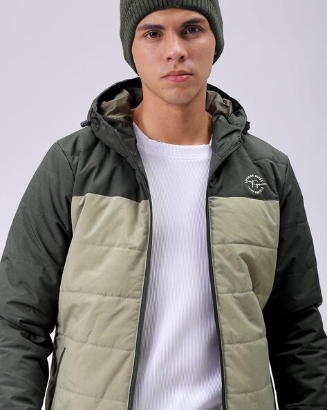 Men Colourblock Slim Fit Hooded Bomber Jacket