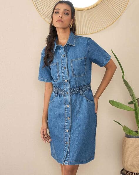 Women Shirt Dress with Patch Pockets