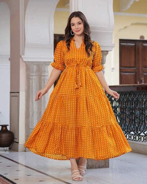 Woman Yellow Spotty Dress Women Polka-Dot Print Tiered Dress