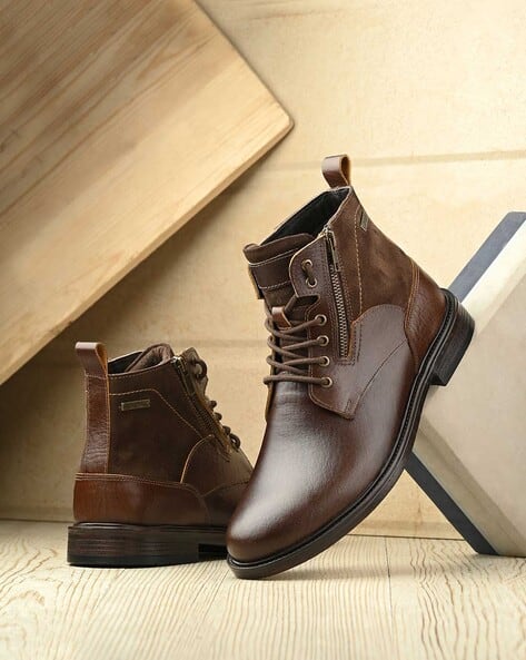 Men Genuine Leather Ankle-Length Lace-Up Boots