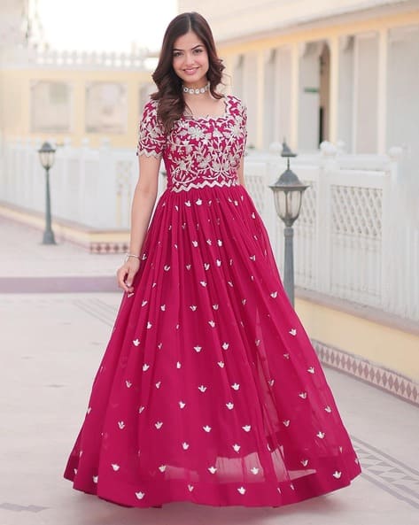 sachin and babi light blue dress Prevasu — Pink Embroidered Fit-To-Flare Georgette Gown – Fabilicious Fashion main image 1