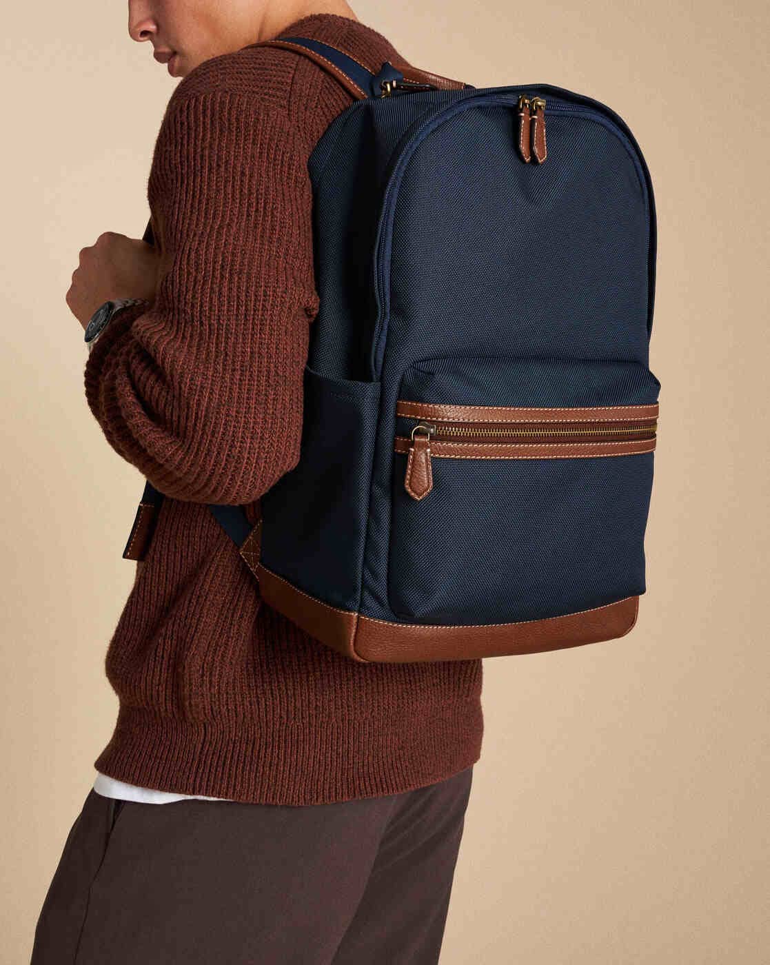 Fossil Dark Navy Blue and Tan Striped Backpack; Fossil Backpack Striped Bags & Handbags for Women for sale  main image 3