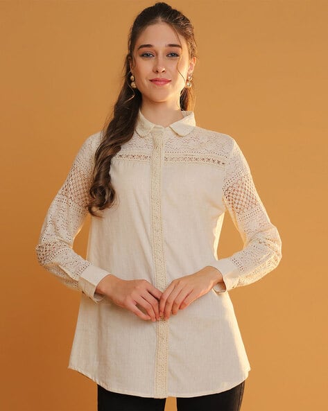 トップス Paula lacey chiffon tops beige ANDMARY】Paula lacey chiffon tops