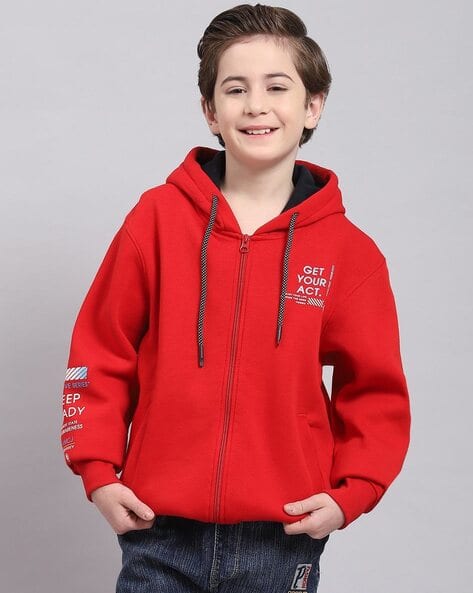 Boys Typographic Print Zip-Front Hoodie with Side Pockets