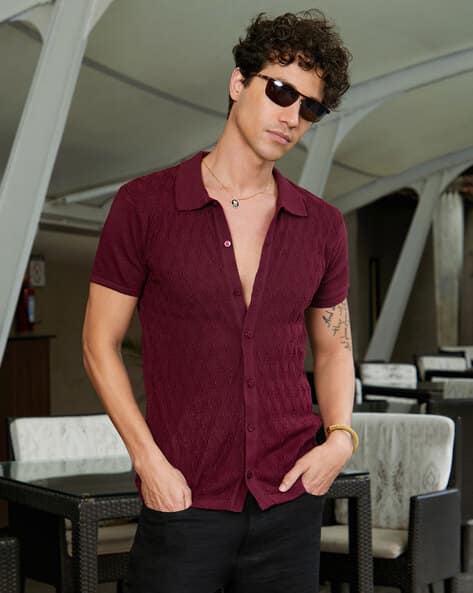 Collared Shirt Mens Fitted Short Sleeve Button Up Men Slim Fit Shirt