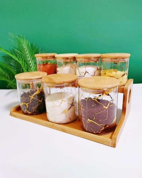 Pack of Kitchen Organizer Borosilicate Jars with Bamboo Lid Tray