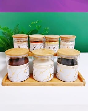umai Pack of 7 Kitchen Organizer Borosilicate Jars with Bamboo Lid & Tray-picture-32