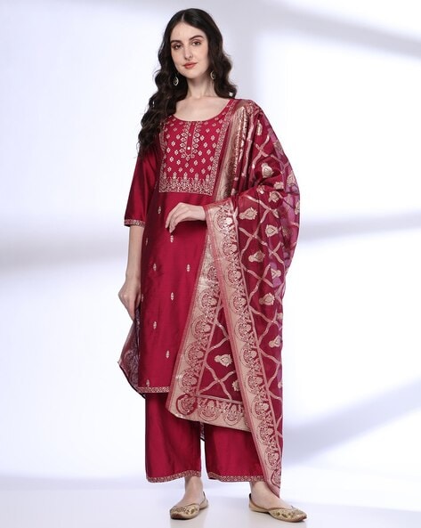 Women Embroidered Straight Kurta Suit Set