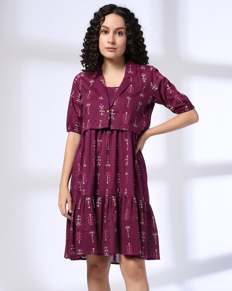 Women Block Print Fit & Flare Dress with Jacket