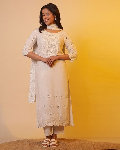 Women Embroidered Straight Kurta with Pants & Dupatta