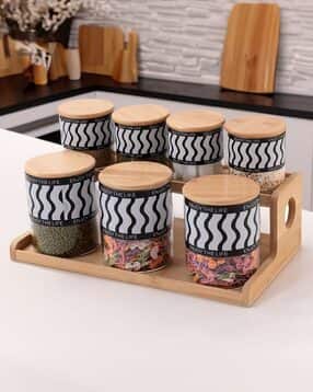 umai Pack of 7 Kitchen Organizer Borosilicate Jars with Bamboo Lid & Tray-picture-22