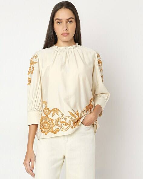 Vero Moda Women Embroidered Relaxed Fit Top with Cuffed Sleeves