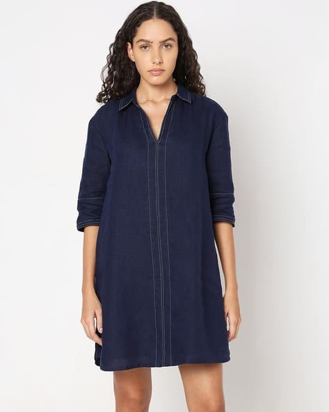 Women Linen Shift Dress with Insert Pocket
