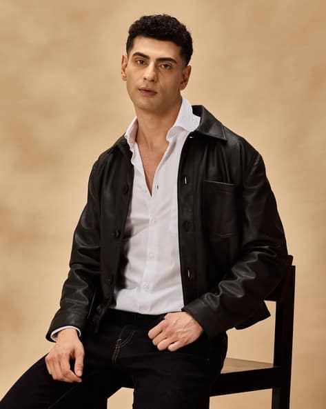 Men Leather Jacket White Shirt Men Slim Fit Shirt With Patch Pocket