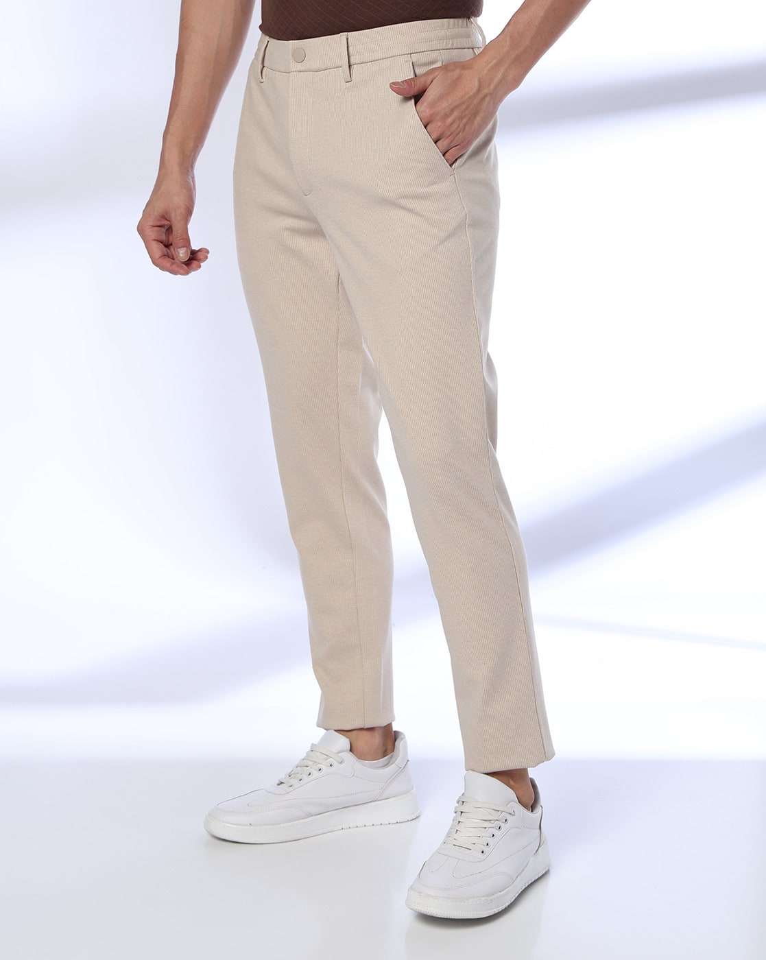 NETPLAY Men Cropped Fit Flat-Front Chinos For Men (Beige, 34)