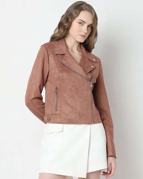 Women Regular Fit Biker Jacket with Zipper Pockets