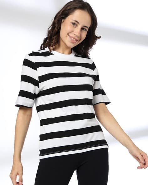 Women Striped Regular Fit Round-Neck Cotton T-Shirt