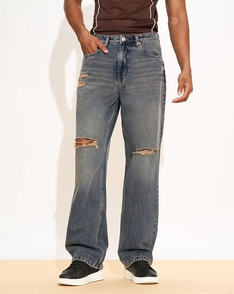 Freakins Distressed Straight Leg Jeans Mens Men Lightly Washed