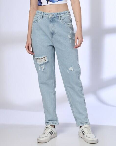 DNMX Women Mid-Wash Distressed High-Rise Mom Jeans