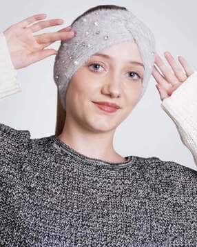 Women Feather Soft Knitted Embellished Woolen Headband-image-3