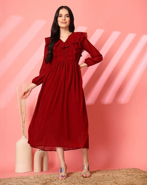 women fit and flare maroon dress Burgundy Fit & Flare Dress - Medium