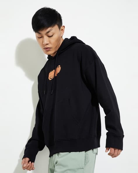 Men Typographic Print Loose Fit Hoodie with Kangaroo Pocket