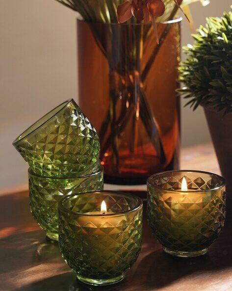 Pure Home And Living Set of 4 Green Diamond Cut Tealight Holders