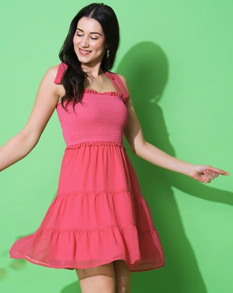 Women Strappy Shoulder Fit Flare Tiered Dress