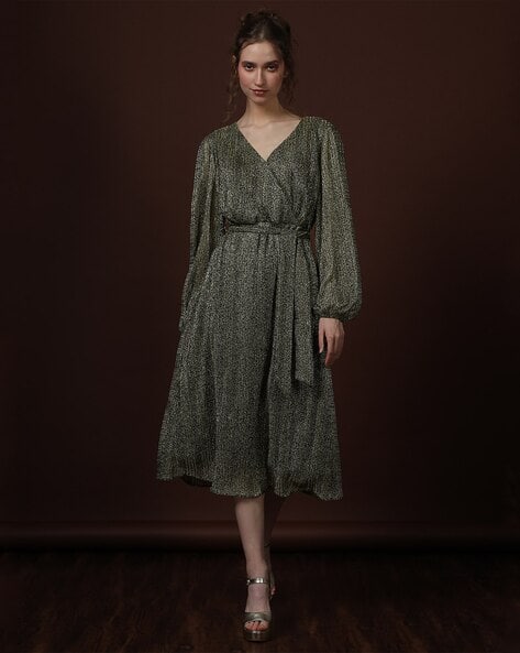 Vero Moda Women Shimmer Crinkled Wrap Dress with Tie-Up Belt