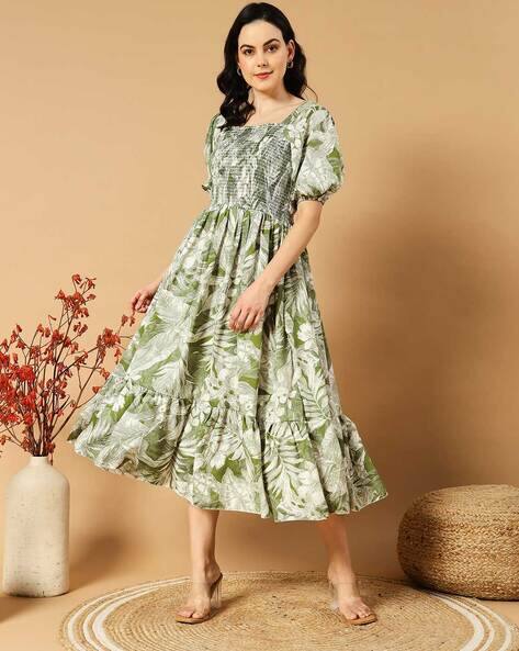 PaheliRani Women Leaf Print Square-Neck Fit & Flare Dress
