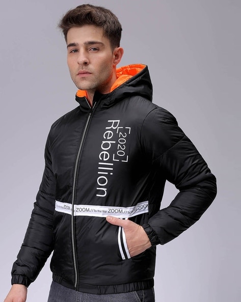 Men Typographic Print Slim Fit Puffer Jacket