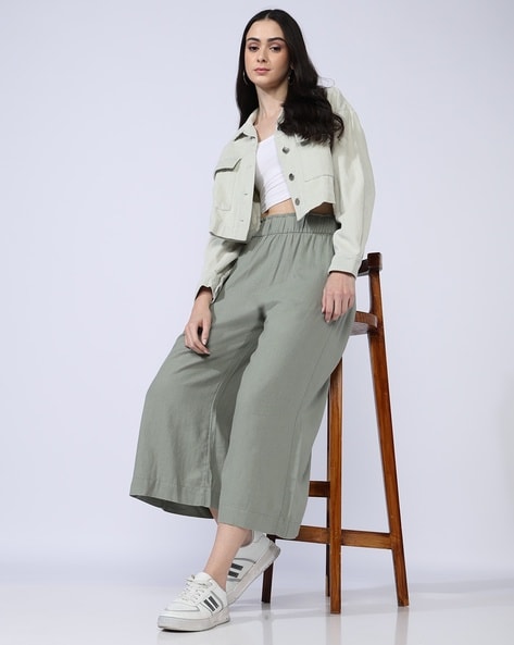 Linen Mix Wide-Leg Cropped Trousers