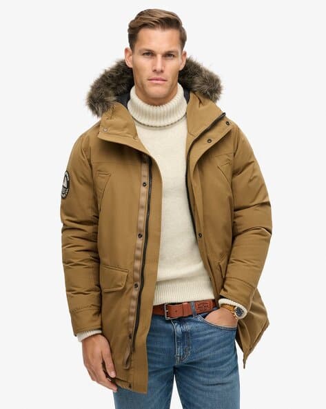 Brown Mens Winter Coats With Fur Collars Everest Faux Fur Parka Jacket