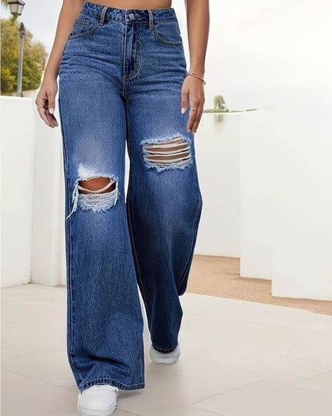Women High-Rise Distressed Wide-Leg Mid-Wash Jeans - Main Image