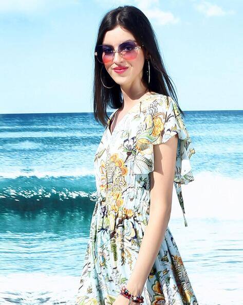 Sera Women Floral Print V-Neck Fit & Flare Flared Goa Dress For Women (Blue, S)