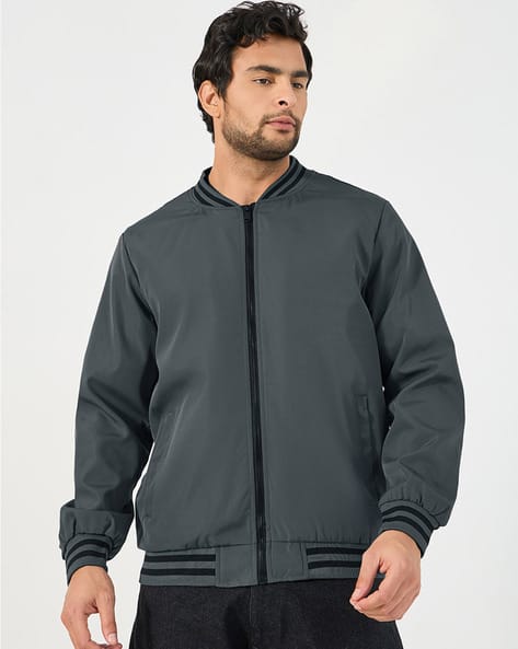 Styli Men Contrast Rib Detail Bomber Jacket with Welt Pockets