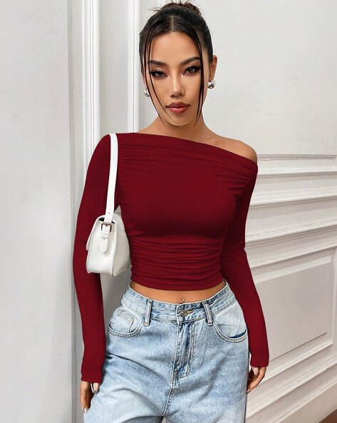 Women Slim Fit One-Shoulder Crop Top