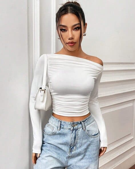 Women Slim Fit One-Shoulder Crop Top